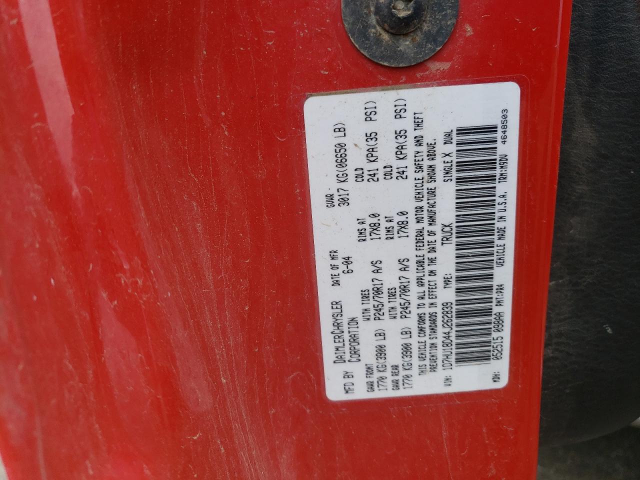 2004 Dodge Ram 1500 St VIN: 1D7HU18D44J262839 Lot: 62301204