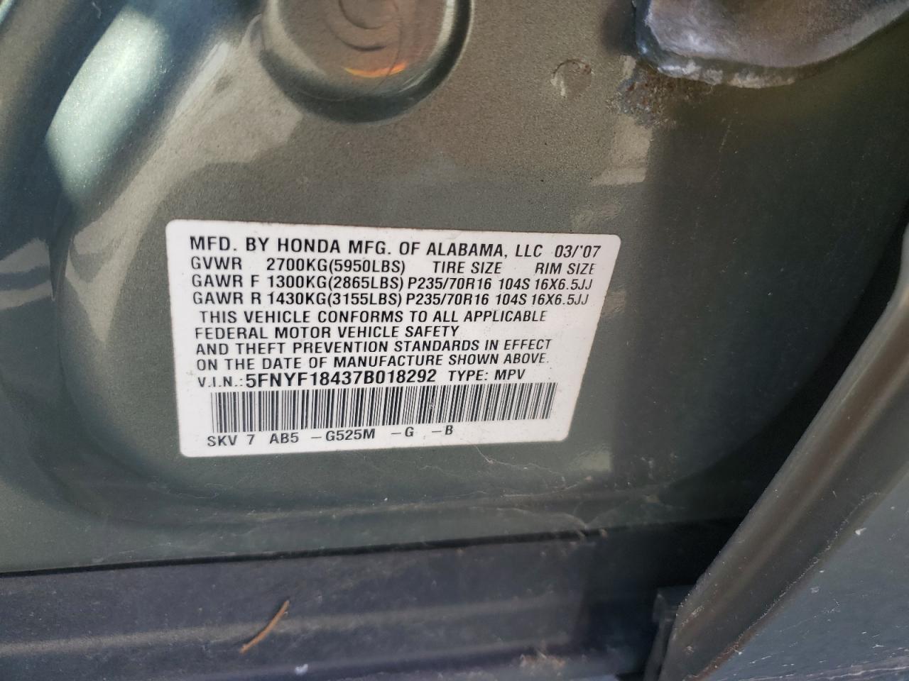 2007 Honda Pilot Ex VIN: 5FNYF18437B018292 Lot: 62190284