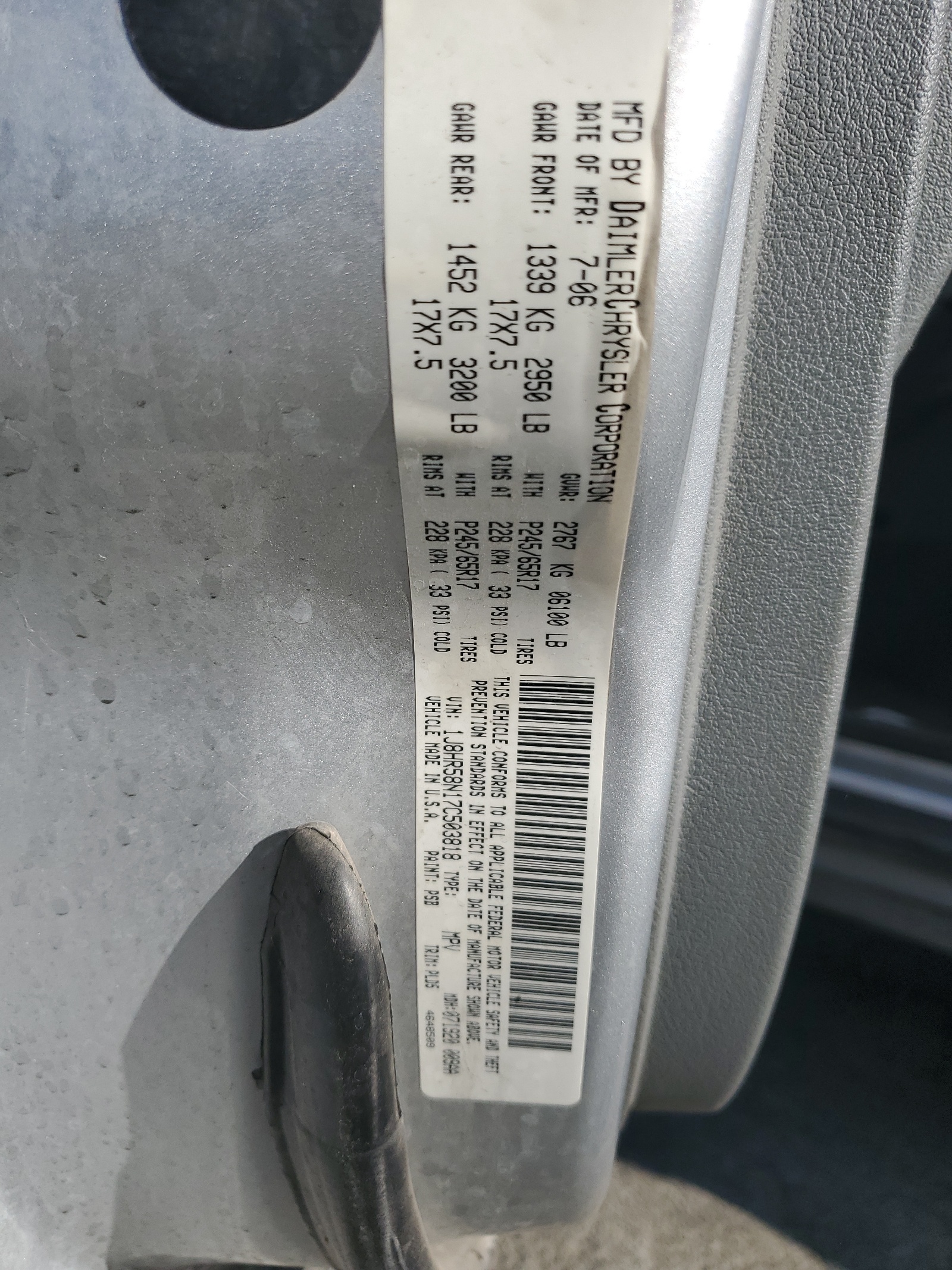 1J8HR58N17C503818 2007 Jeep Grand Cherokee Limited