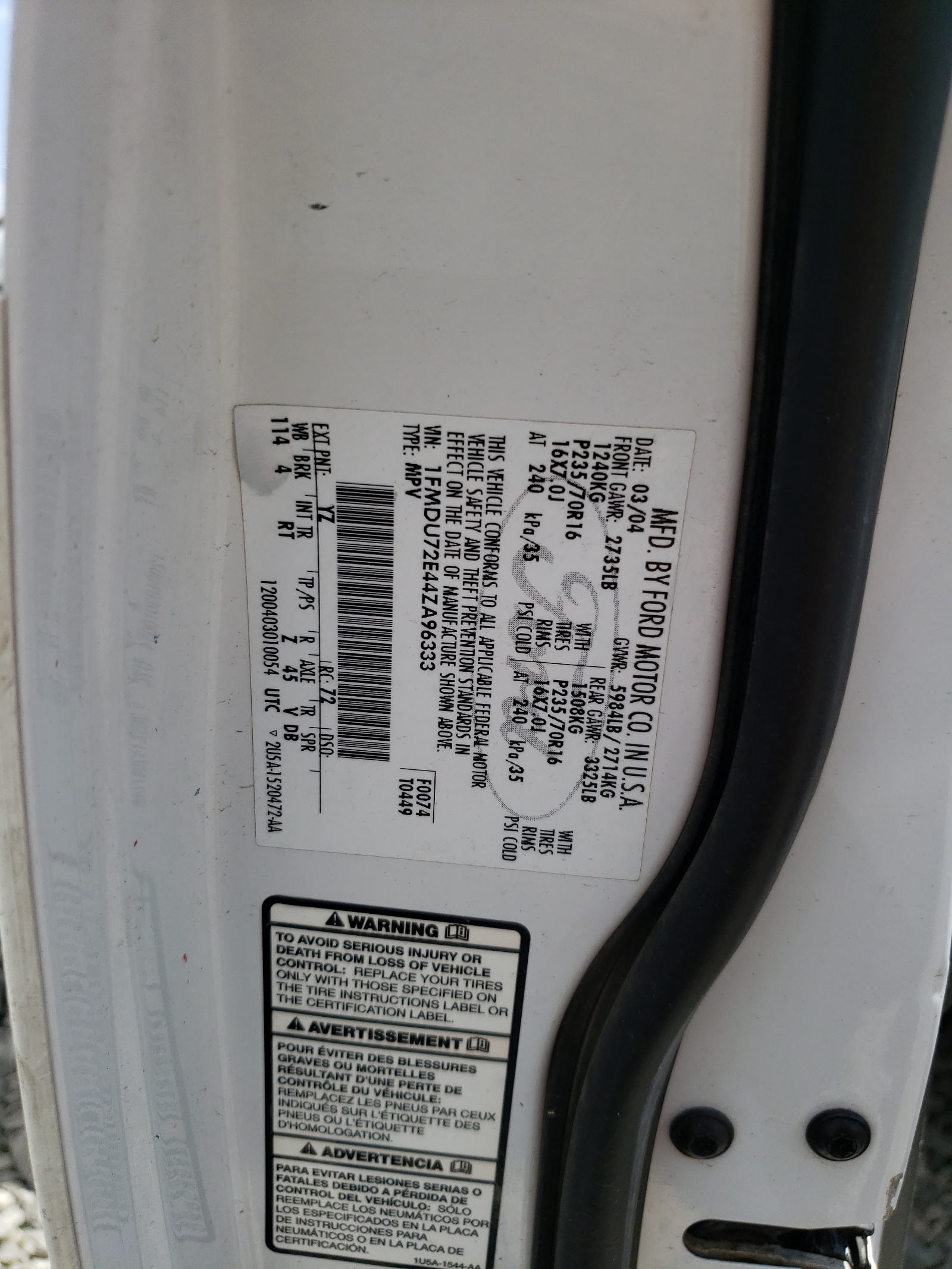 1FMDU72E44ZA96333 2004 Ford Explorer Xls