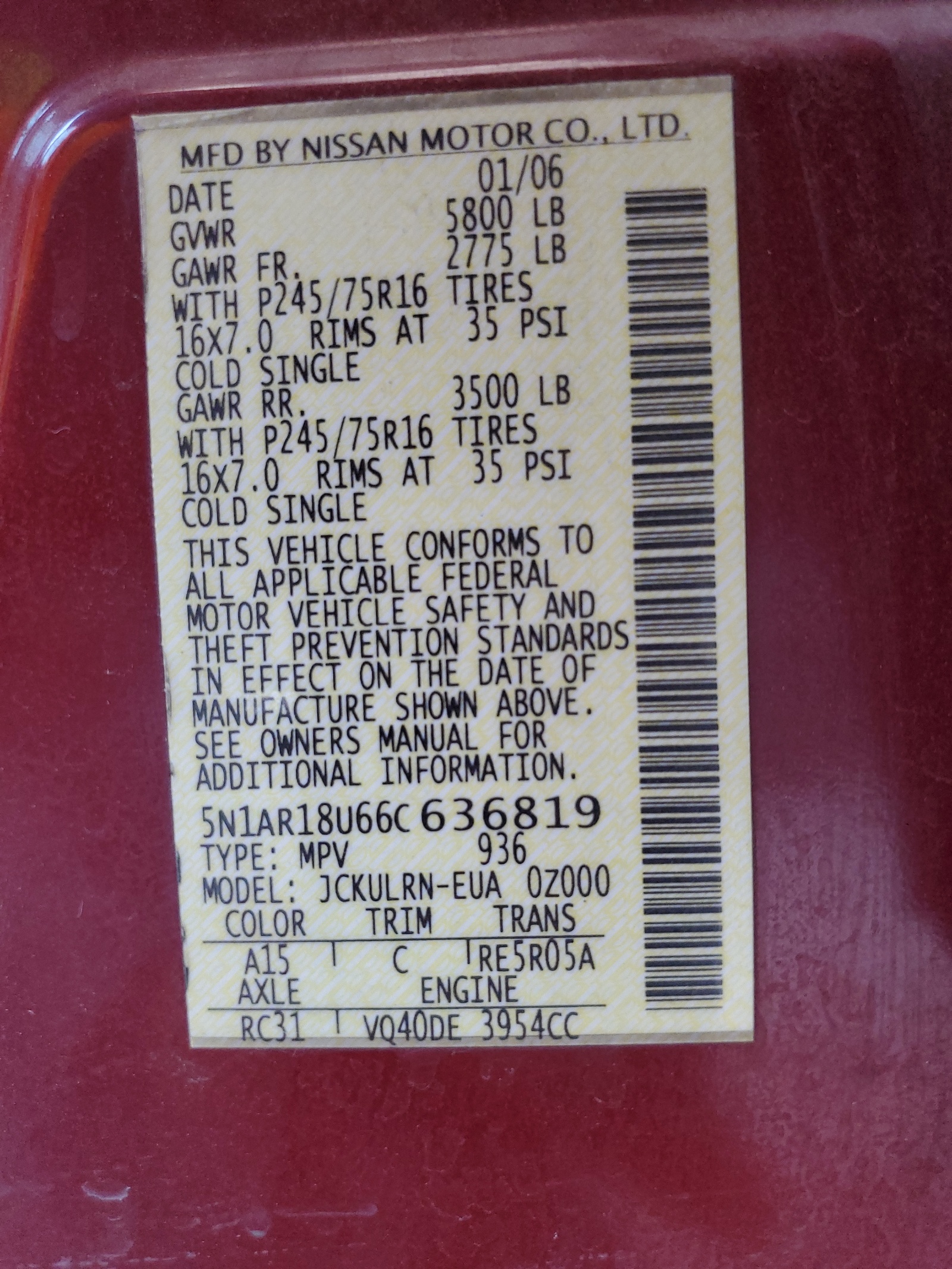 5N1AR18U66C636819 2006 Nissan Pathfinder Le