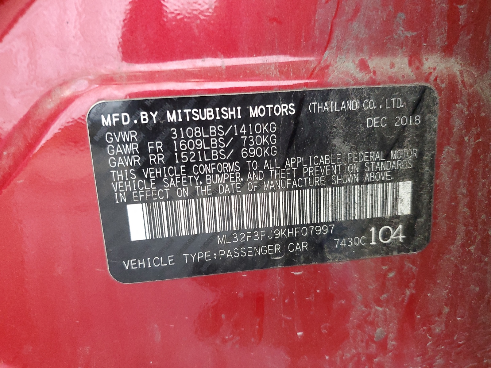 ML32F3FJ9KHF07997 2019 Mitsubishi Mirage G4 Es