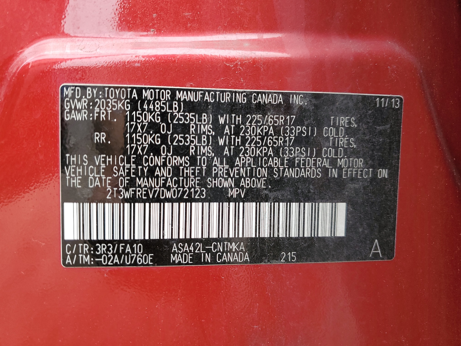 2T3WFREV7DW072123 2013 Toyota Rav4 Xle