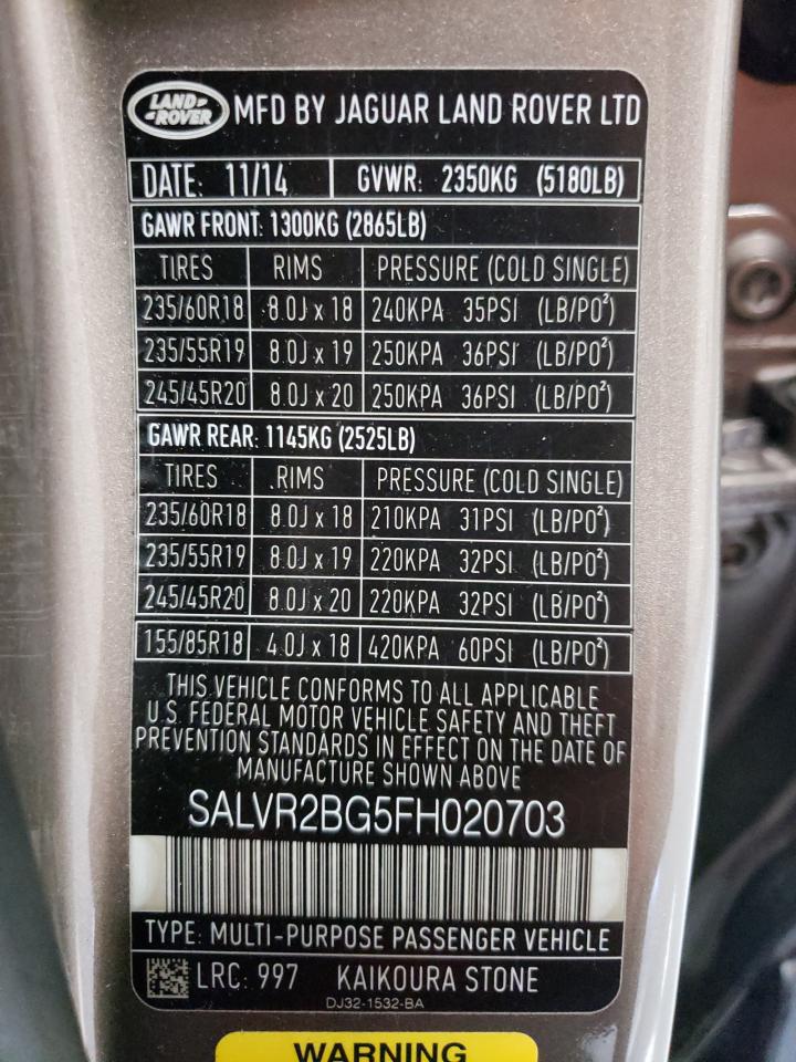 2015 Land Rover Range Rover Evoque Pure Premium VIN: SALVR2BG5FH020703 Lot: 62803974