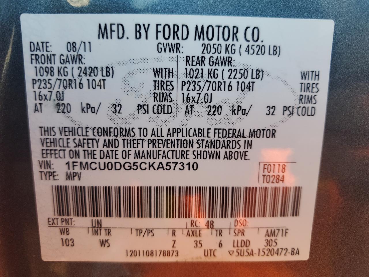 2012 Ford Escape Xlt VIN: 1FMCU0DG5CKA57310 Lot: 64546124