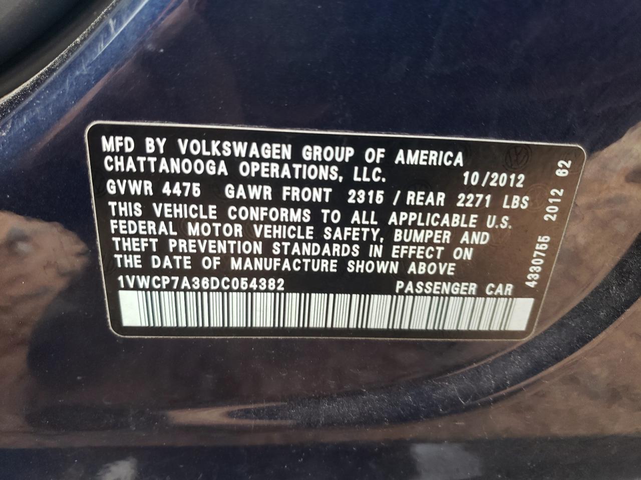 2013 Volkswagen Passat Sel VIN: 1VWCP7A36DC054382 Lot: 63277834