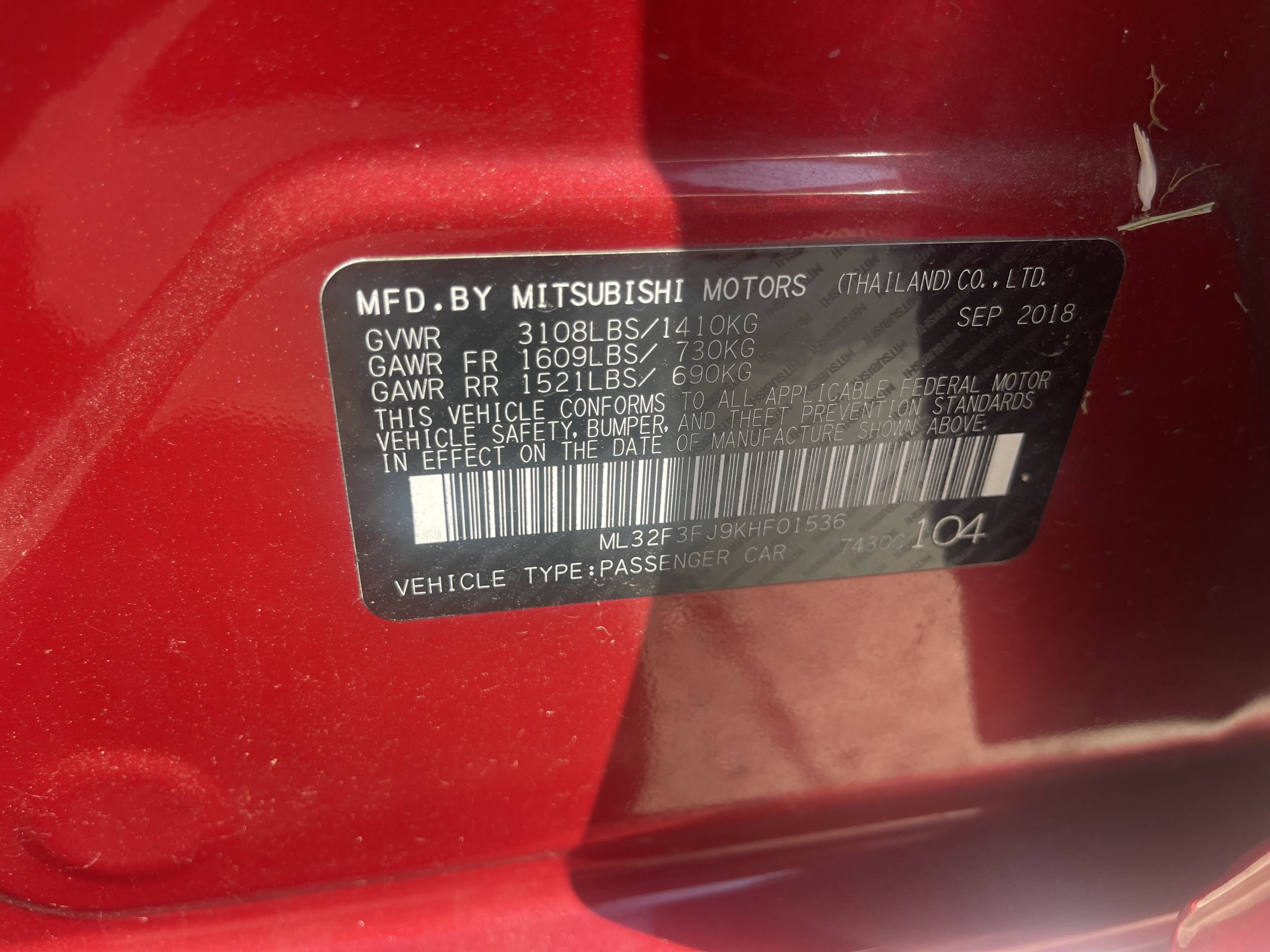 ML32F3FJ9KHF01536 2019 Mitsubishi Mirage G4 Es