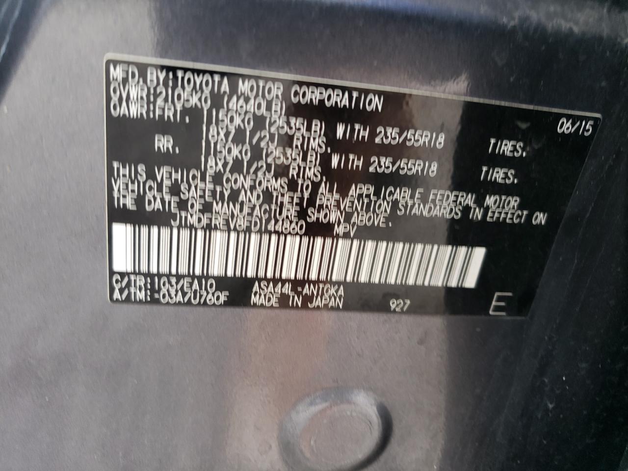 2015 Toyota Rav4 Limited VIN: JTMDFREV8FD144860 Lot: 64853274