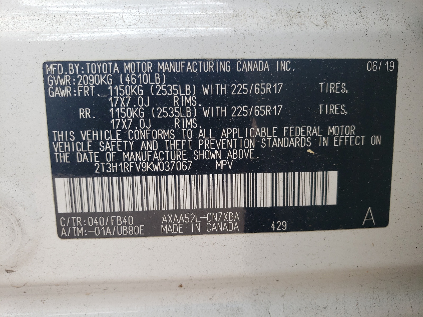 2T3H1RFV9KW037067 2019 Toyota Rav4 Le