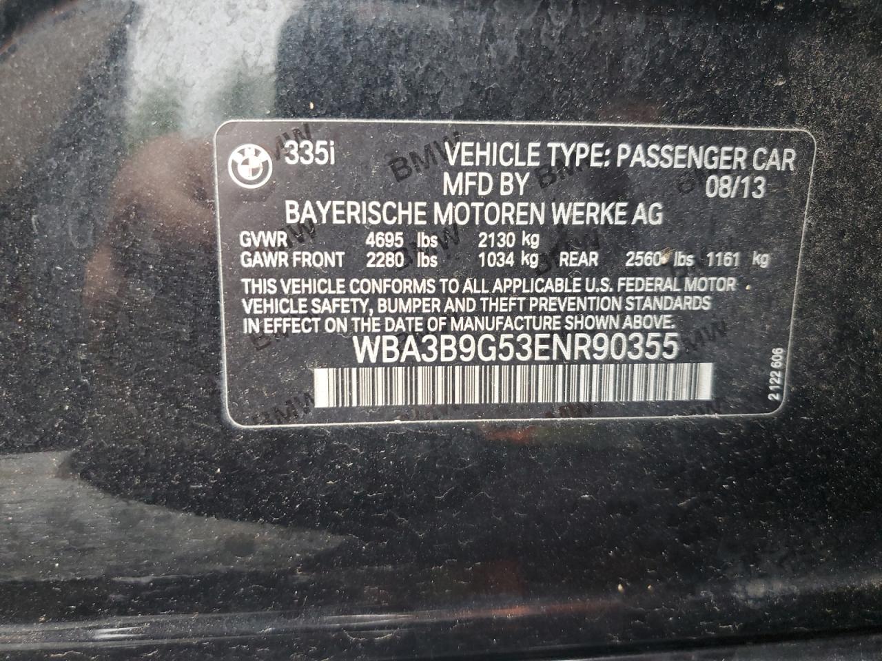 2014 BMW 335 Xi VIN: WBA3B9G53ENR90355 Lot: 63623244