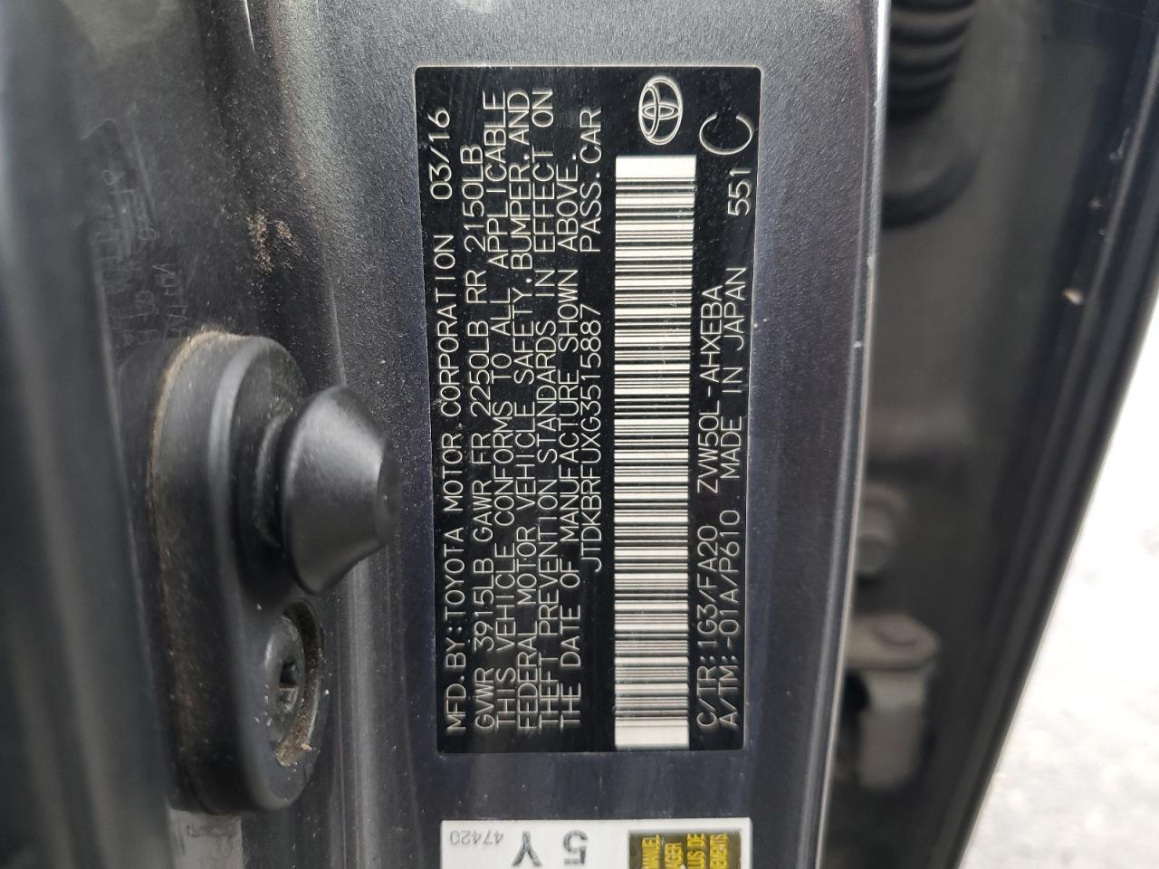 2016 Toyota Prius VIN: JTDKBRFUXG3515887 Lot: 63447944