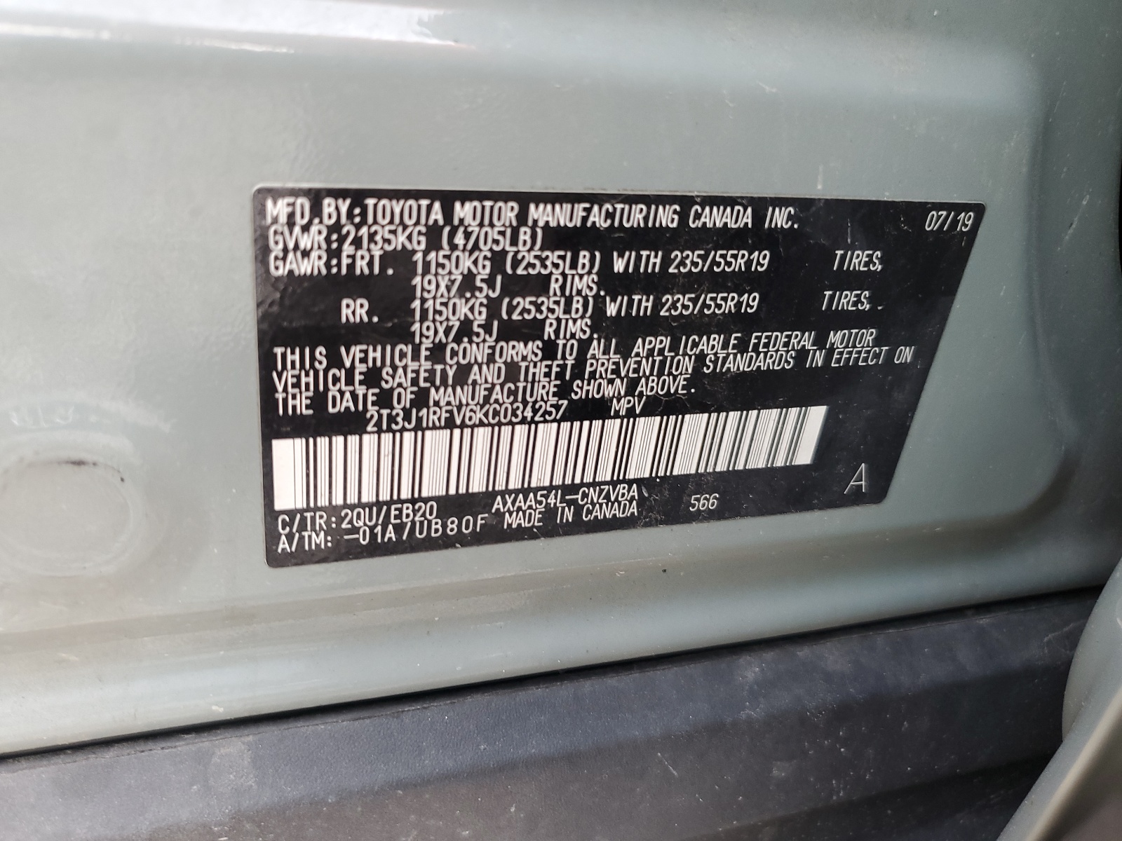 2T3J1RFV6KC034257 2019 Toyota Rav4 Adventure