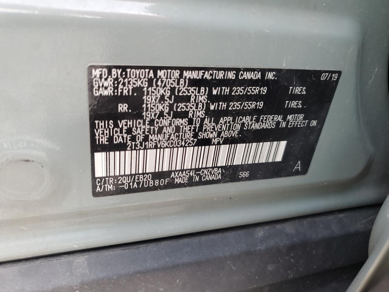 2019 Toyota Rav4 Adventure VIN: 2T3J1RFV6KC034257 Lot: 63305544