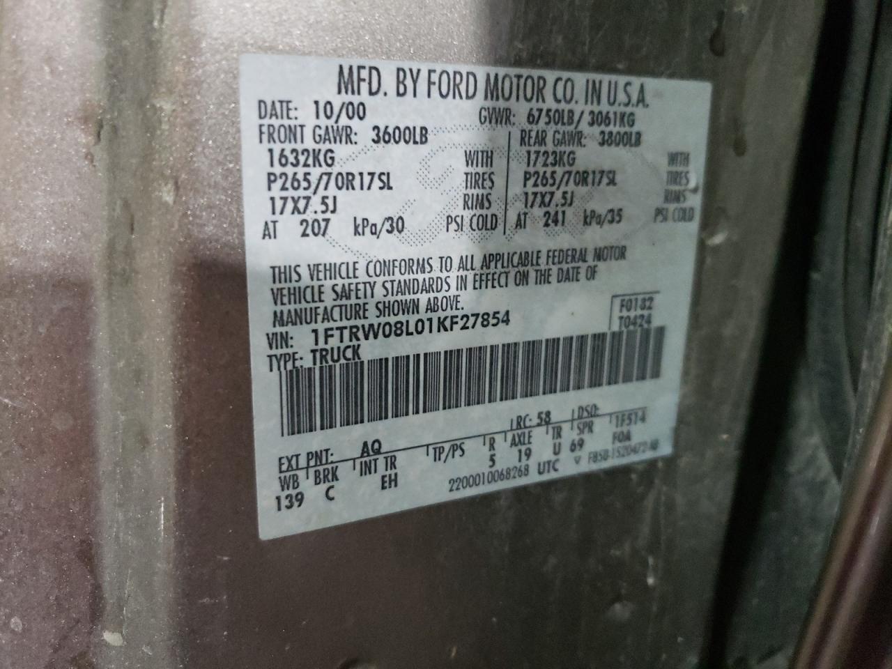 2001 Ford F150 Supercrew VIN: 1FTRW08L01KF27854 Lot: 63521634