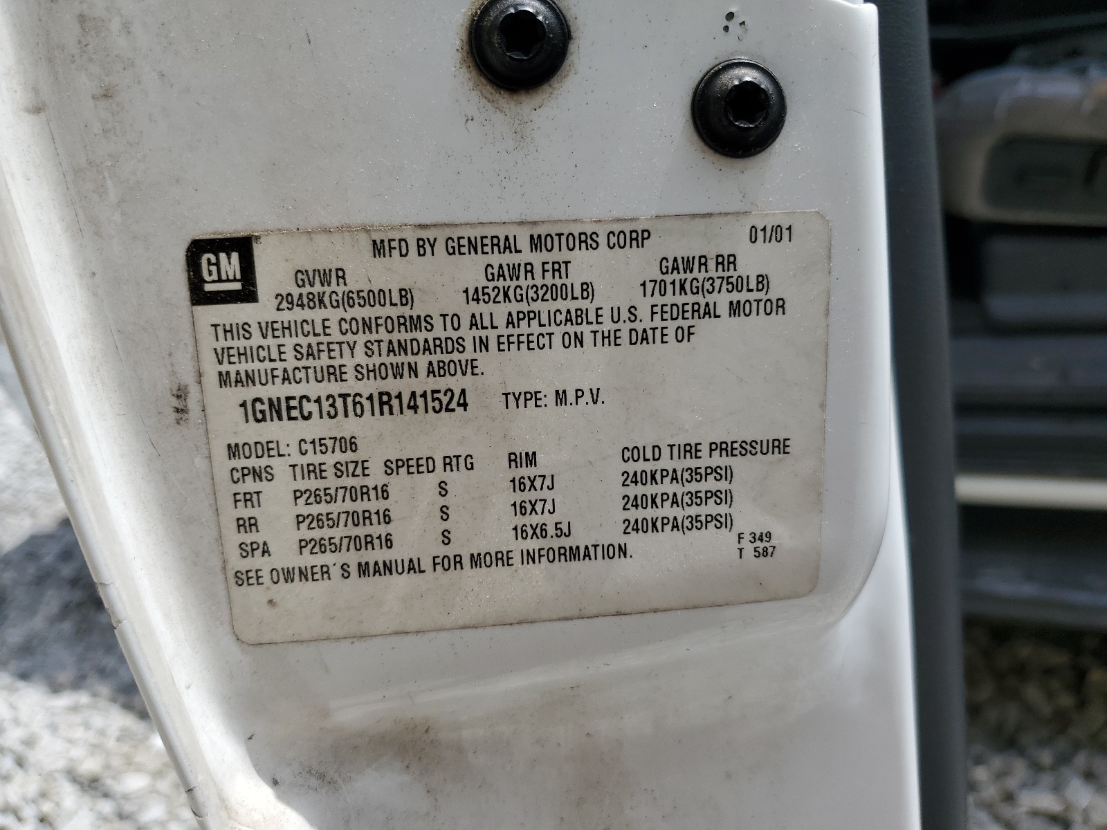 1GNEC13T61R141524 2001 Chevrolet Tahoe C1500