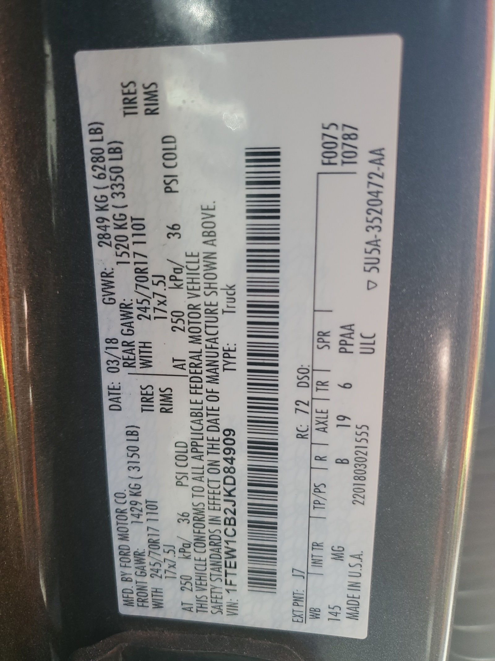 1FTEW1CB2JKD84909 2018 Ford F150 Supercrew