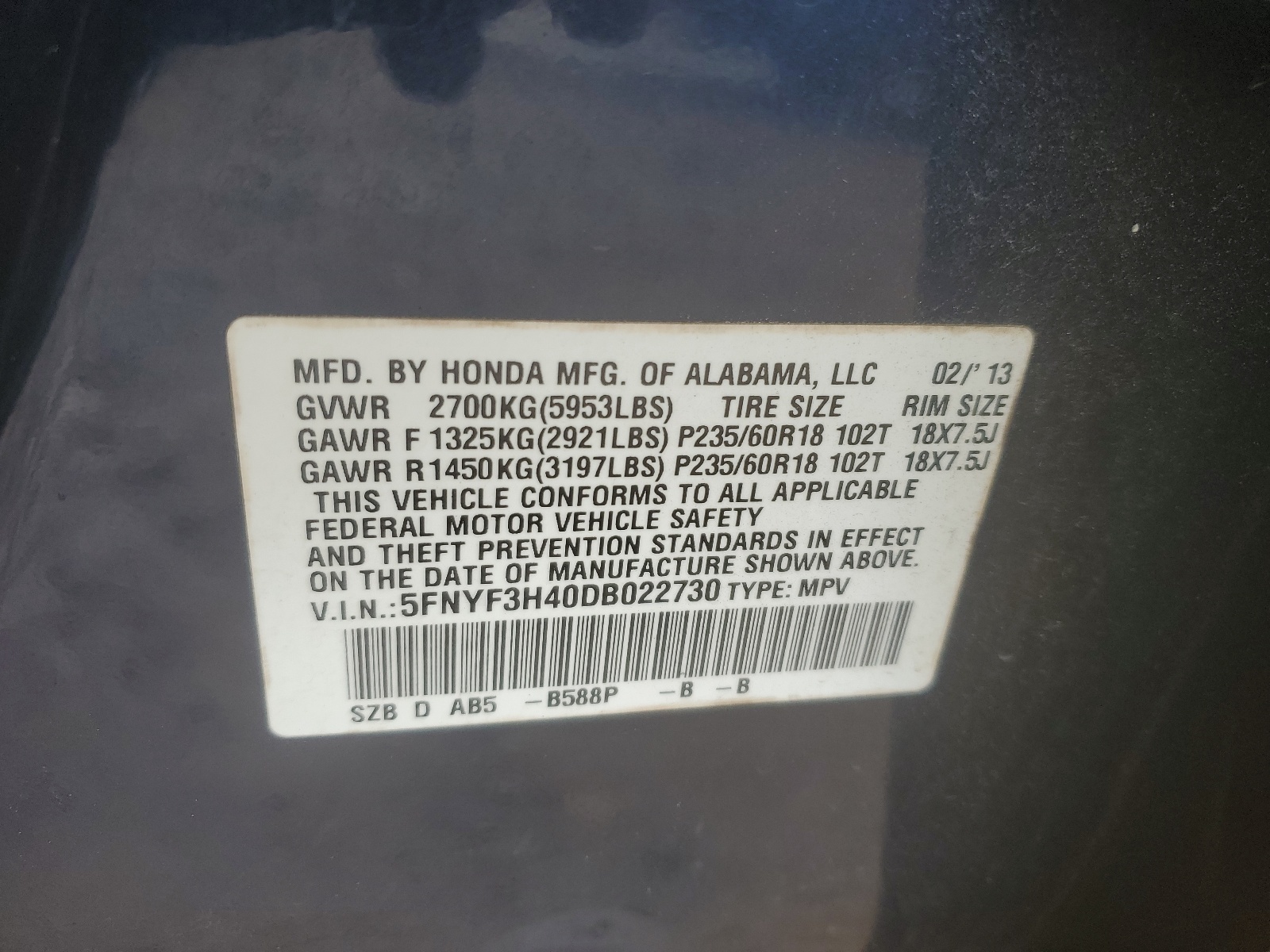 5FNYF3H40DB022730 2013 Honda Pilot Ex