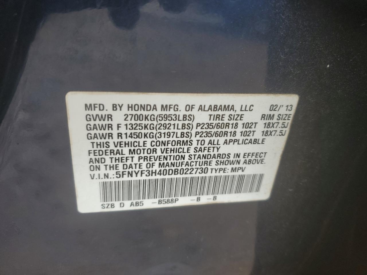 2013 Honda Pilot Ex VIN: 5FNYF3H40DB022730 Lot: 62989804