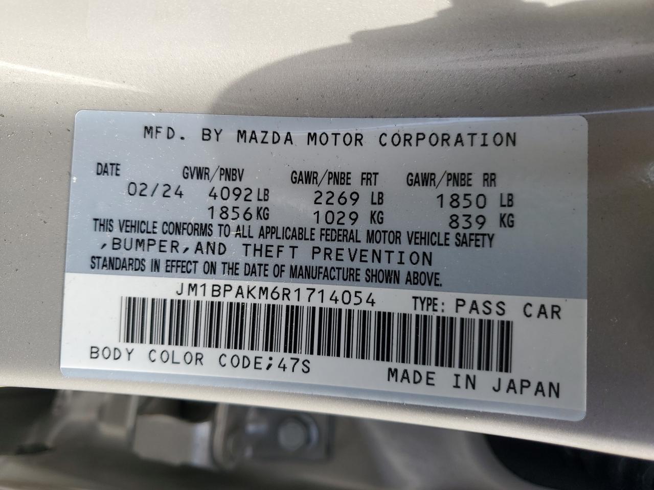 JM1BPAKM6R1714054 2024 Mazda 3 Select Sport