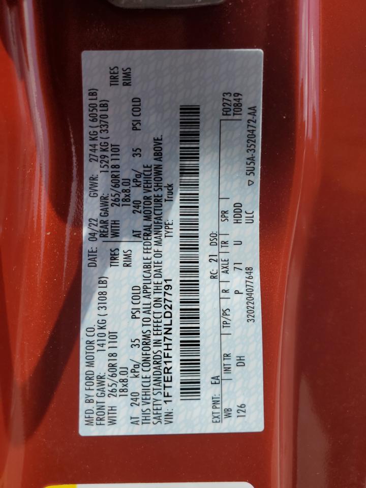 2022 Ford Ranger Xl VIN: 1FTER1FH7NLD27791 Lot: 65405354