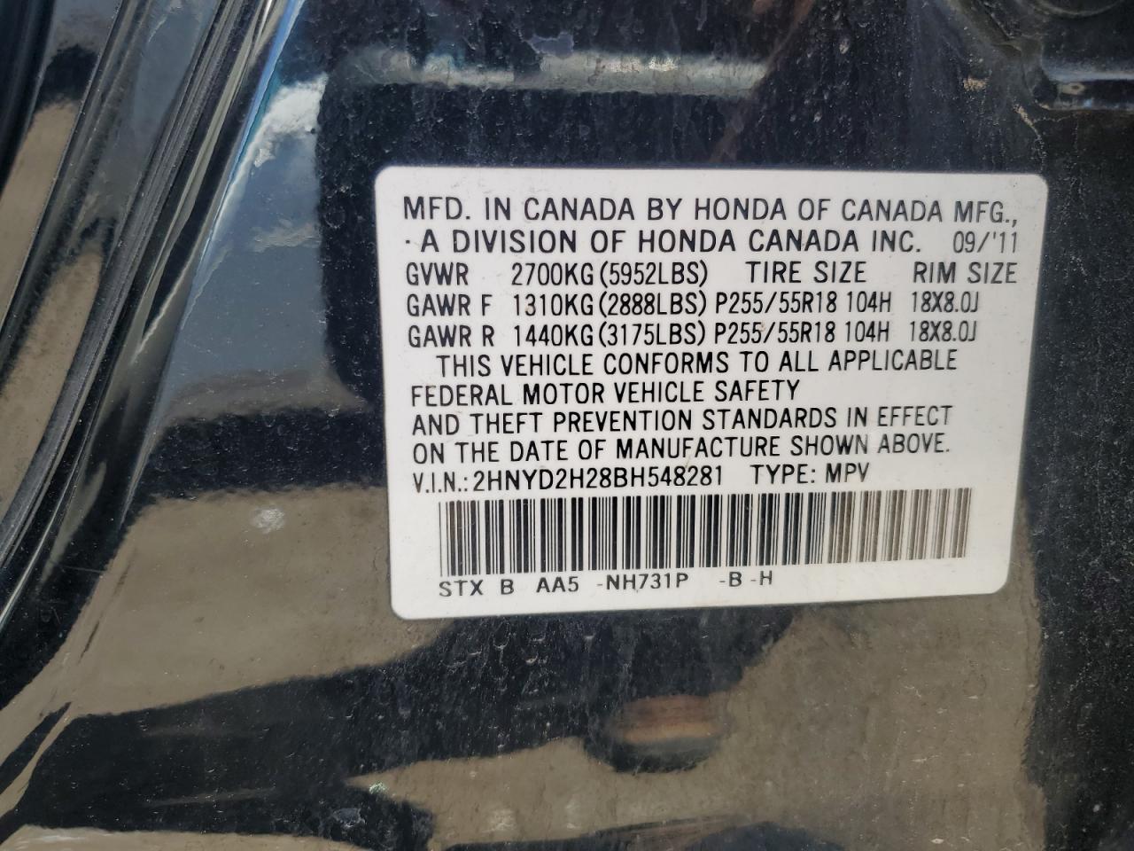 2011 Acura Mdx VIN: 2HNYD2H28BH548281 Lot: 60498314