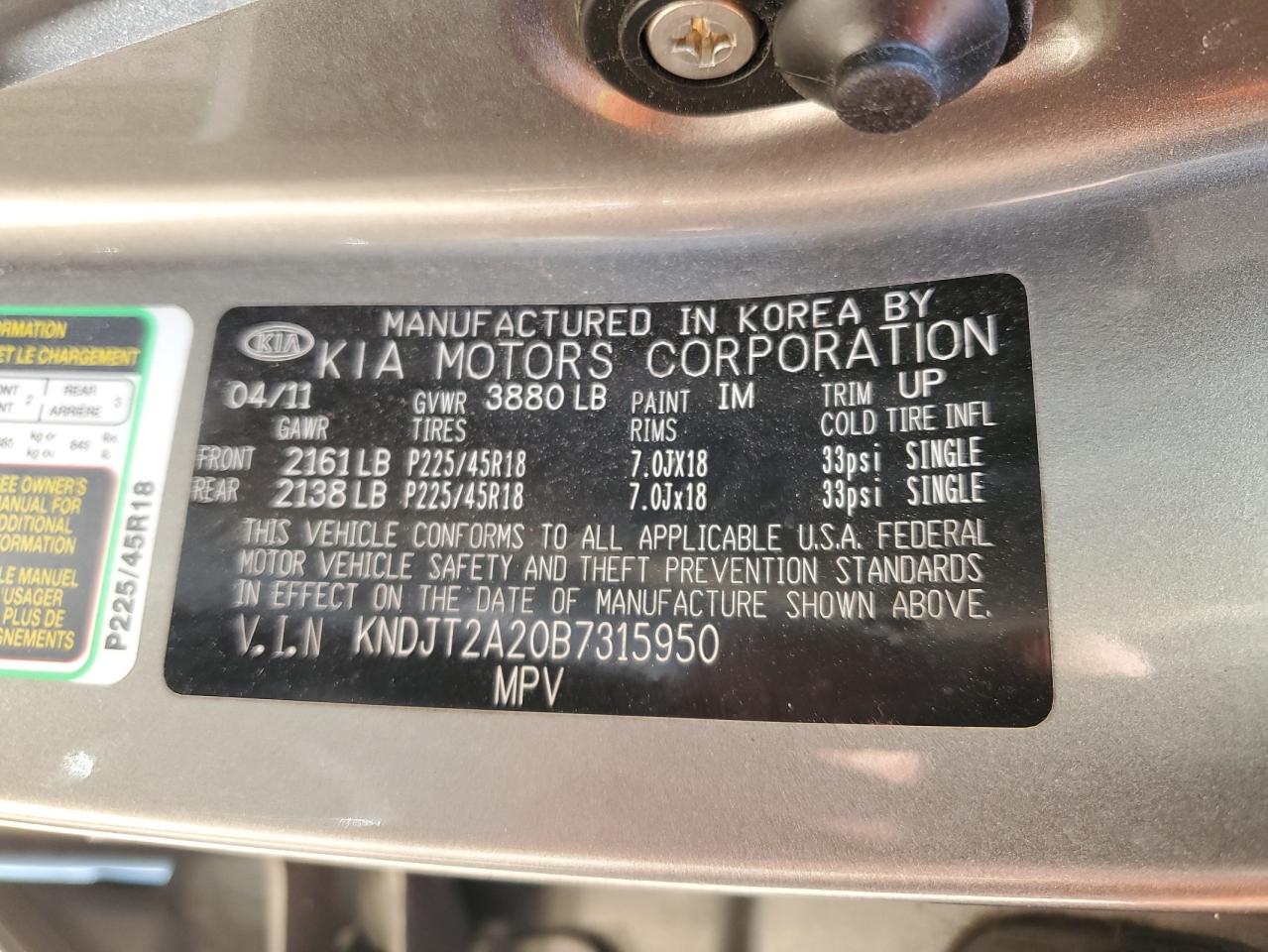 2011 Kia Soul + VIN: KNDJT2A20B7315950 Lot: 63067704