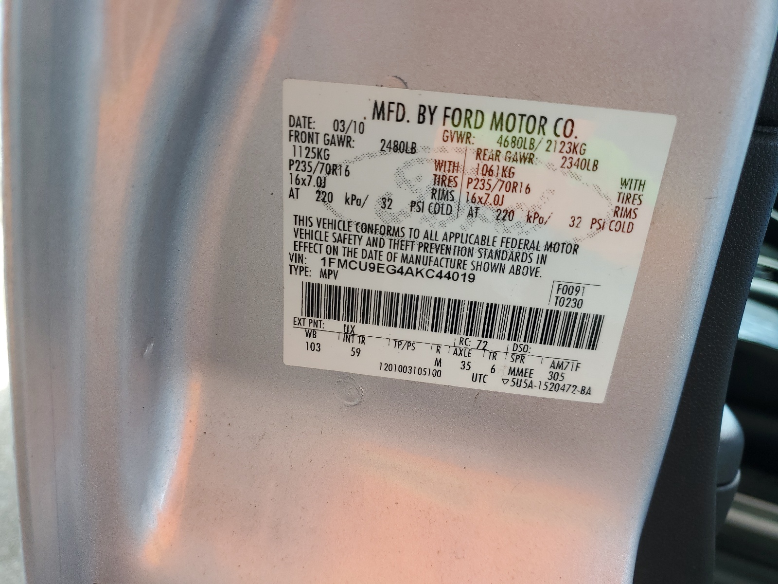 1FMCU9EG4AKC44019 2010 Ford Escape Limited