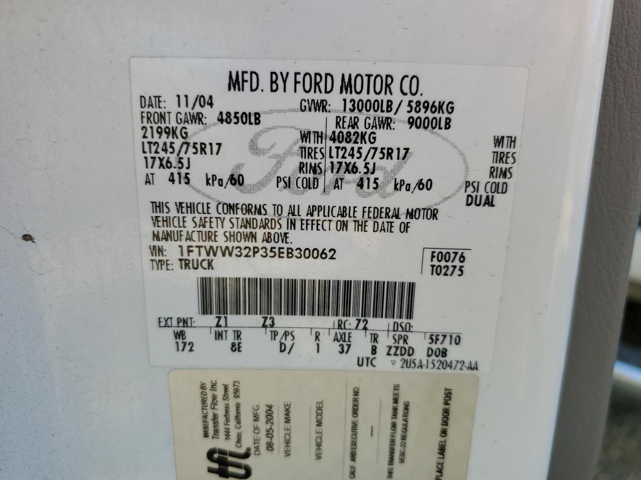 2005 Ford F350 Super Duty VIN: 1FTWW32P35EB30062 Lot: 62534134