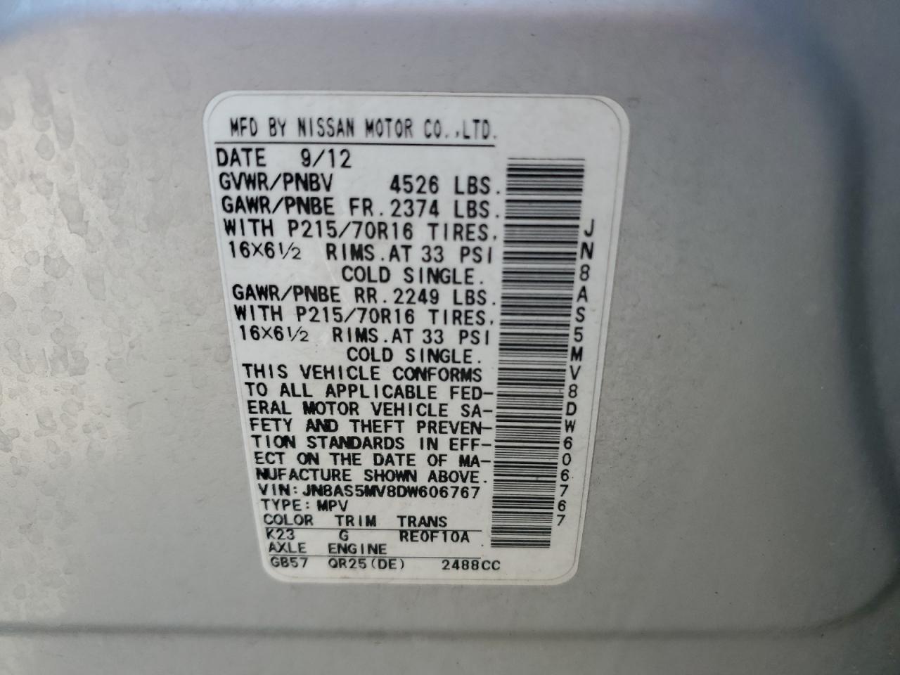 2013 Nissan Rogue S VIN: JN8AS5MV8DW606767 Lot: 65159054