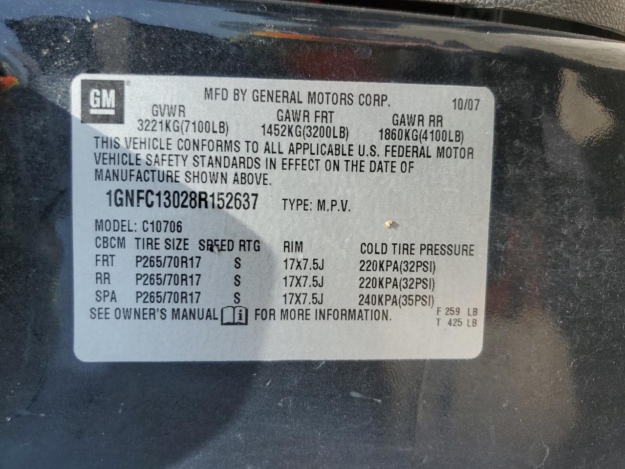 2008 Chevrolet Tahoe C1500 VIN: 1GNFC13028R152637 Lot: 61209744