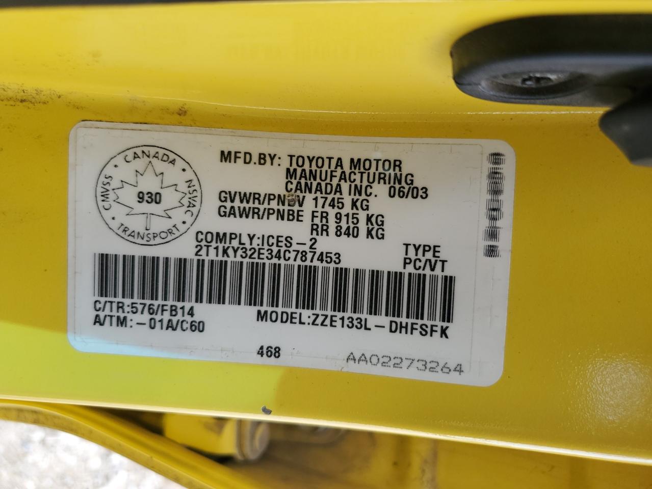 2004 Toyota Corolla Matrix Xrs VIN: 2T1KY32E34C787453 Lot: 61379584