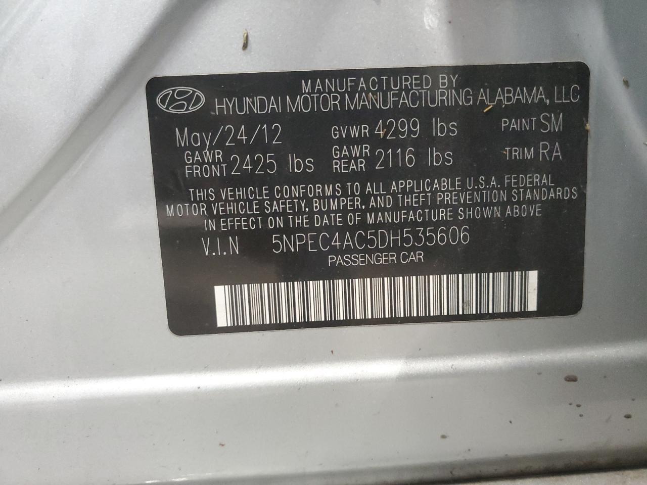 2013 Hyundai Sonata Se VIN: 5NPEC4AC5DH535606 Lot: 62358284