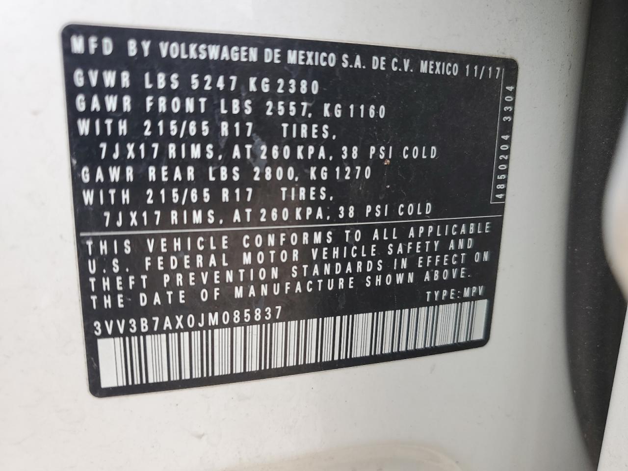 2018 Volkswagen Tiguan Se VIN: 3VV3B7AX0JM085837 Lot: 64197744