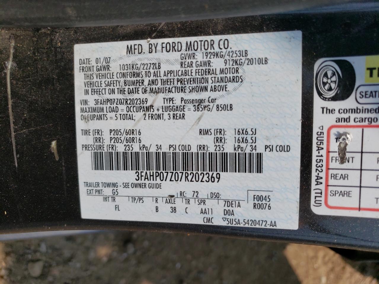2007 Ford Fusion Se VIN: 3FAHP07Z07R202369 Lot: 65054594