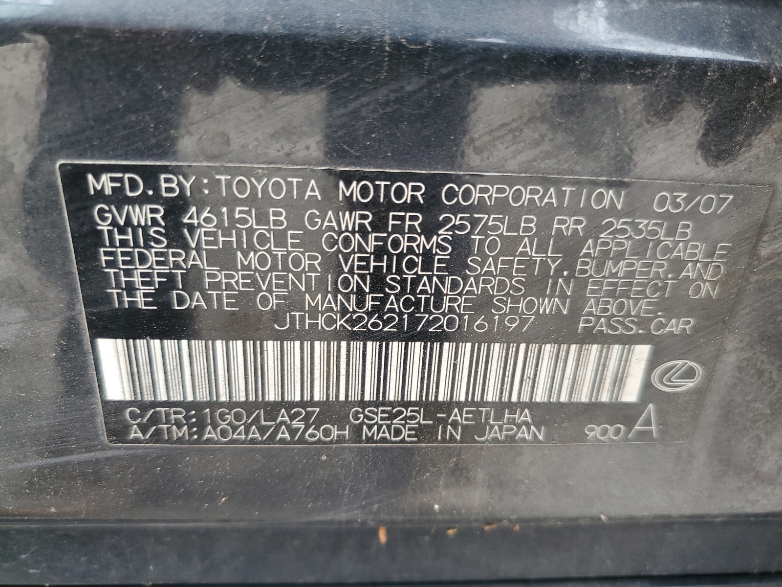 JTHCK262172016197 2007 Lexus Is 250