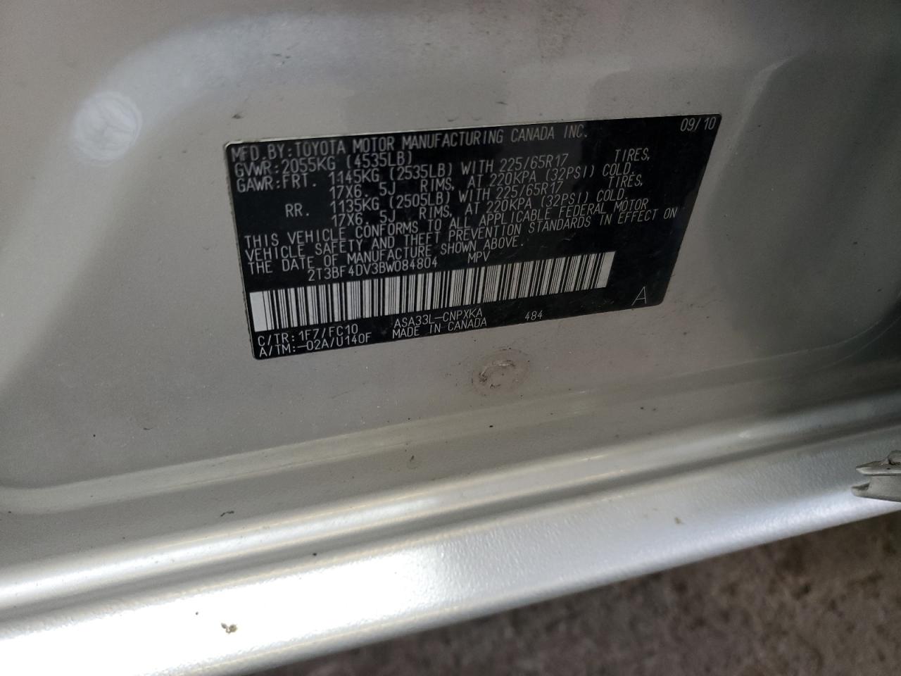 2011 Toyota Rav4 VIN: 2T3BF4DV3BW084804 Lot: 61702024