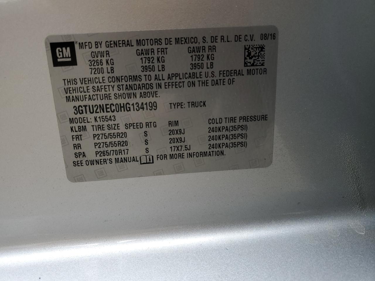 3GTU2NEC0HG134199 2017 GMC Sierra K1500 Slt