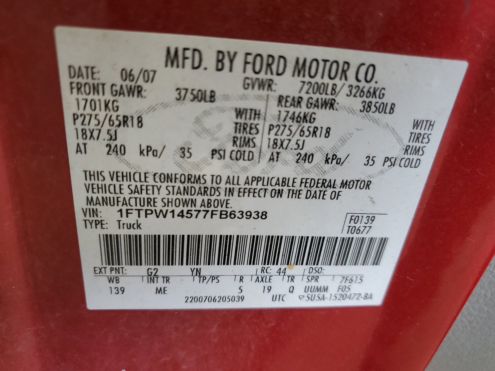 1FTPW14577FB63938 2007 Ford F150 Supercrew