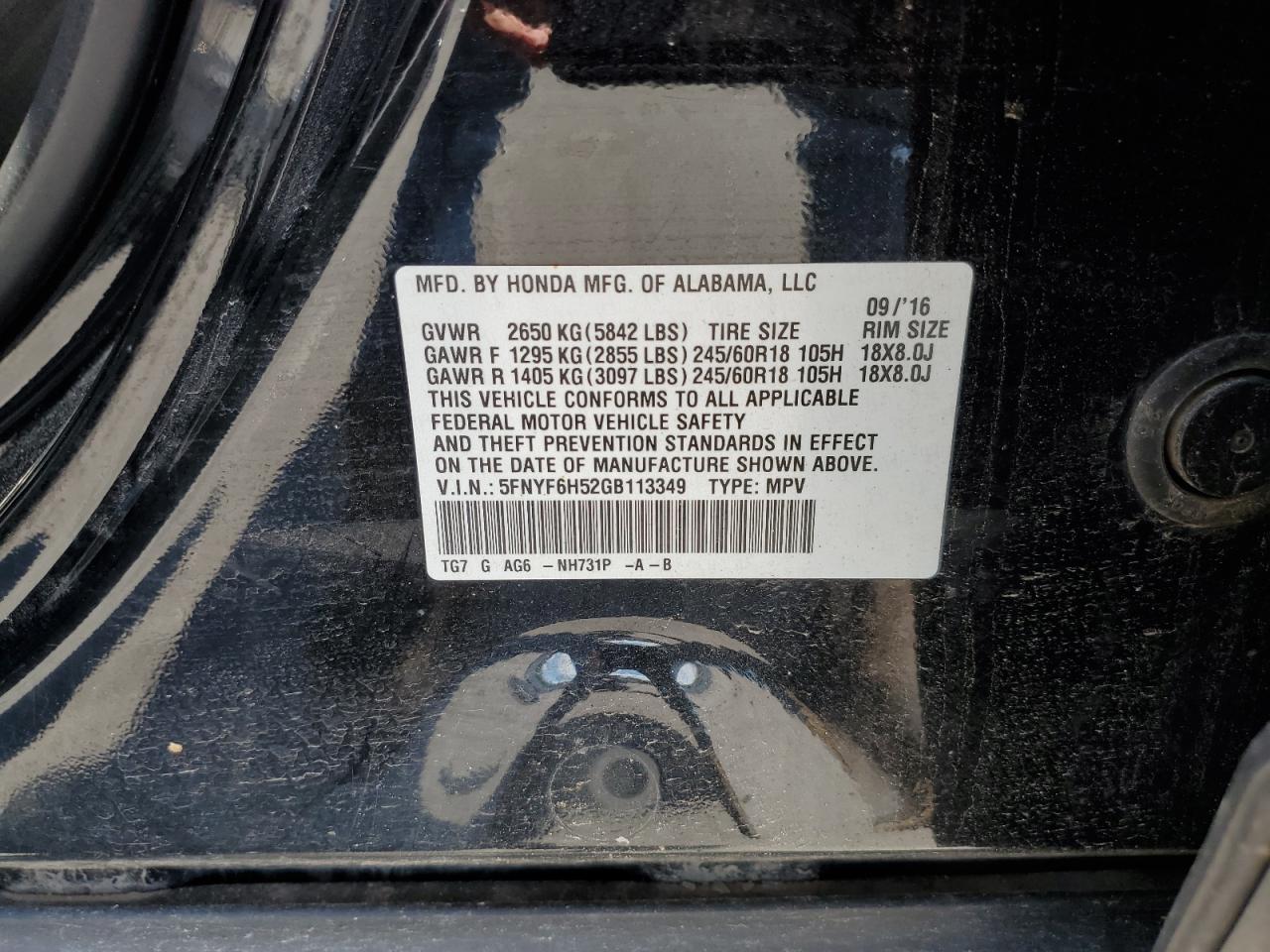 2016 Honda Pilot Exl VIN: 5FNYF6H52GB113349 Lot: 62875764