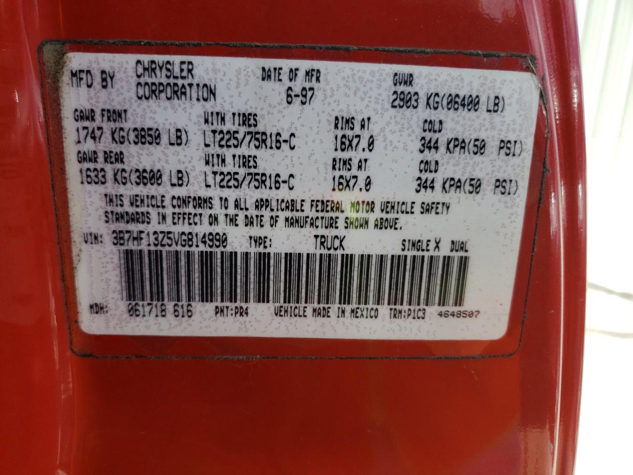 1997 Dodge Ram 1500 VIN: 3B7HF13Z5VG814990 Lot: 63417224