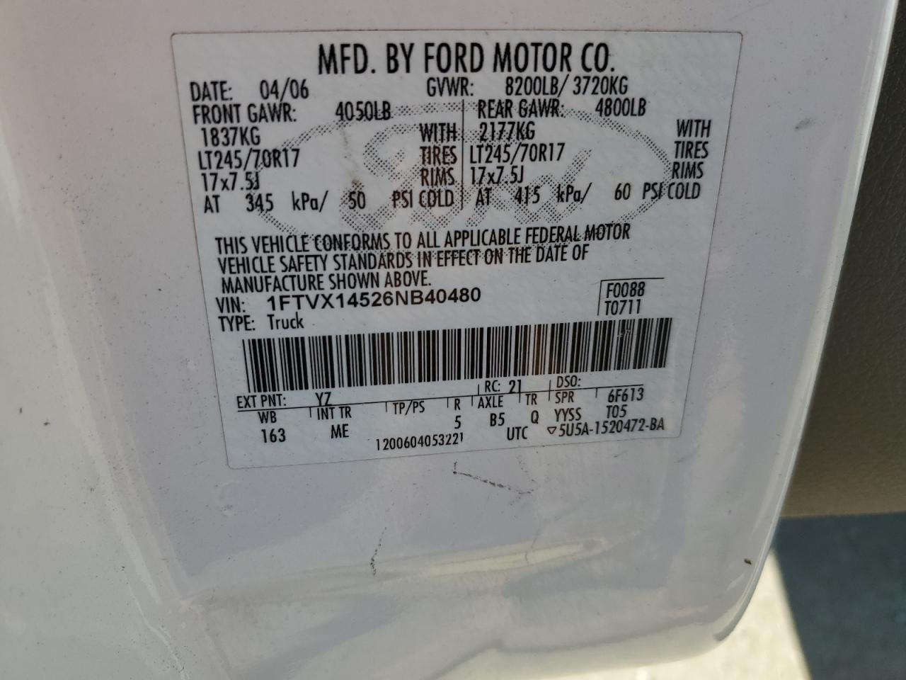 2006 Ford F150 VIN: 1FTVX14526NB40480 Lot: 64052954