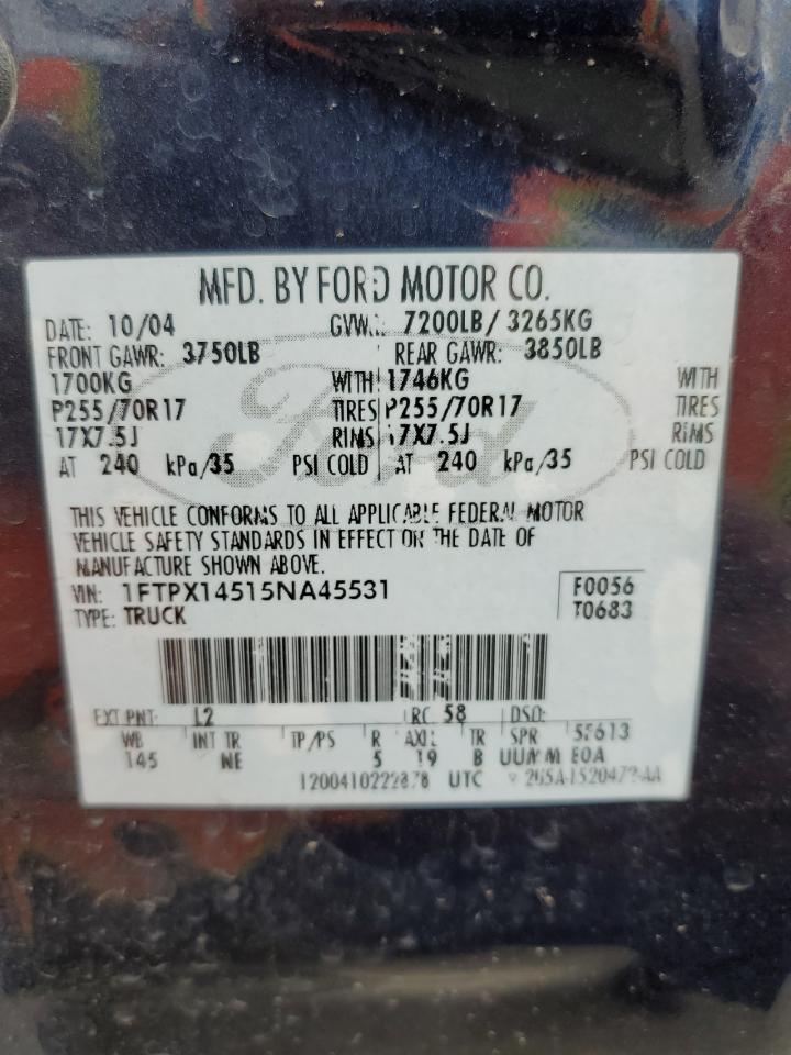 2005 Ford F150 VIN: 1FTPX14515NA45531 Lot: 65478184