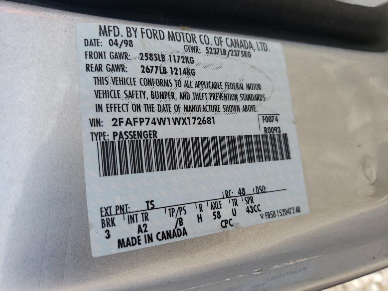 1998 Ford Crown Victoria Lx VIN: 2FAFP74W1WX172681 Lot: 64153004