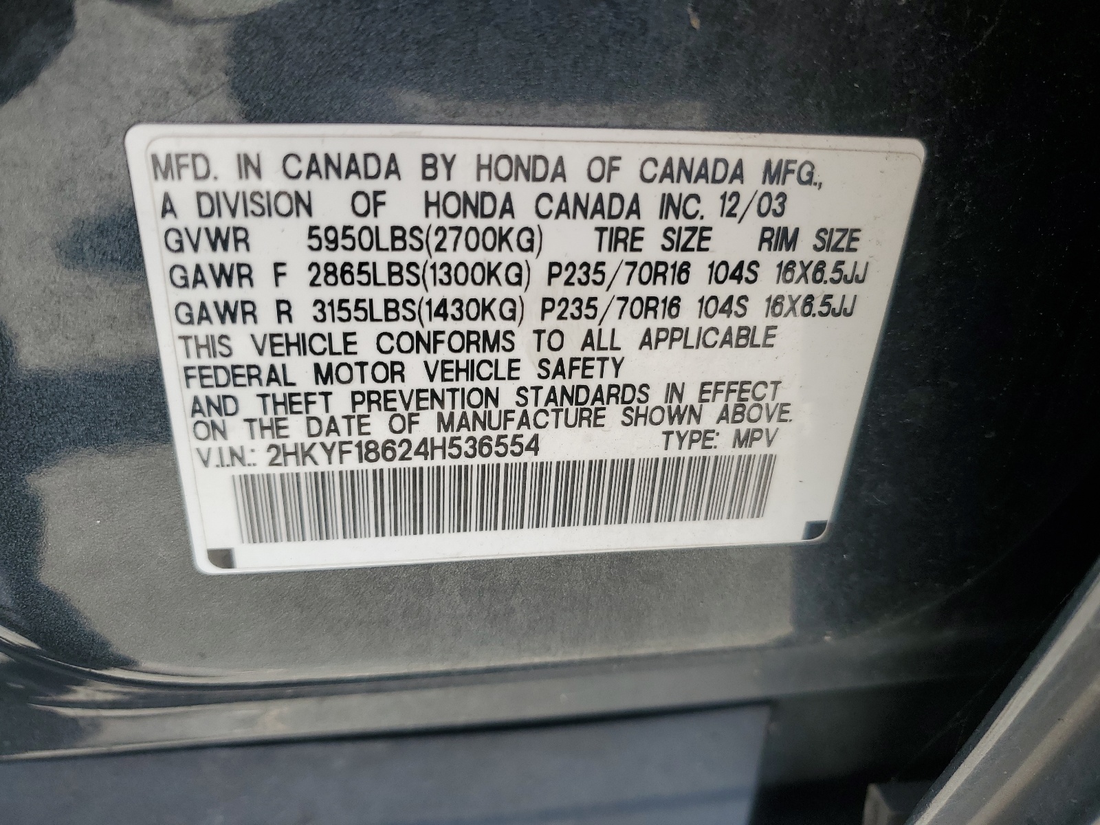 2HKYF18624H536554 2004 Honda Pilot Exl