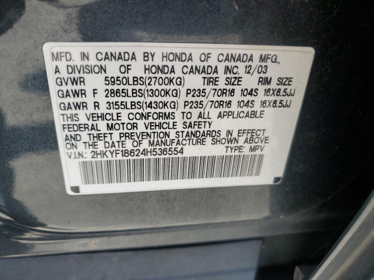 2004 Honda Pilot Exl VIN: 2HKYF18624H536554 Lot: 65017884