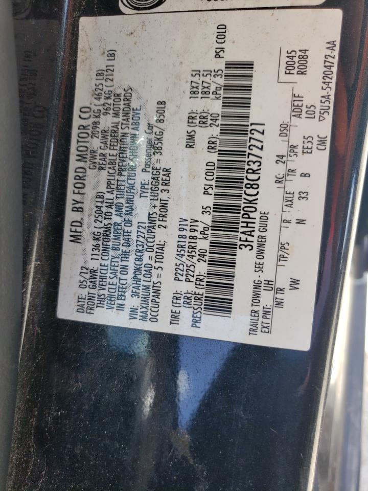 2012 Ford Fusion Sport VIN: 3FAHP0KC8CR372721 Lot: 63496364