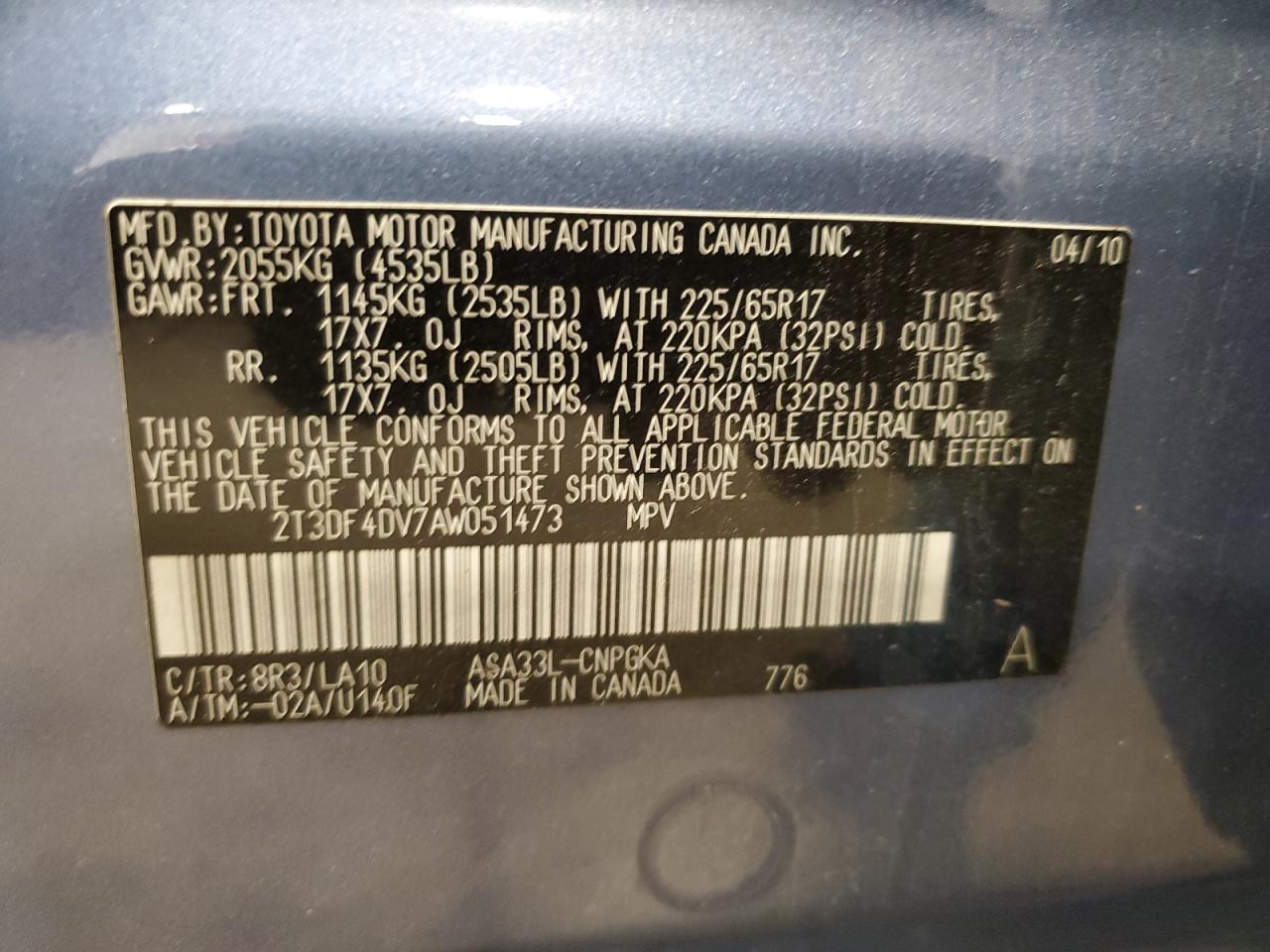 2010 Toyota Rav4 Limited VIN: 2T3DF4DV7AW051473 Lot: 65080874