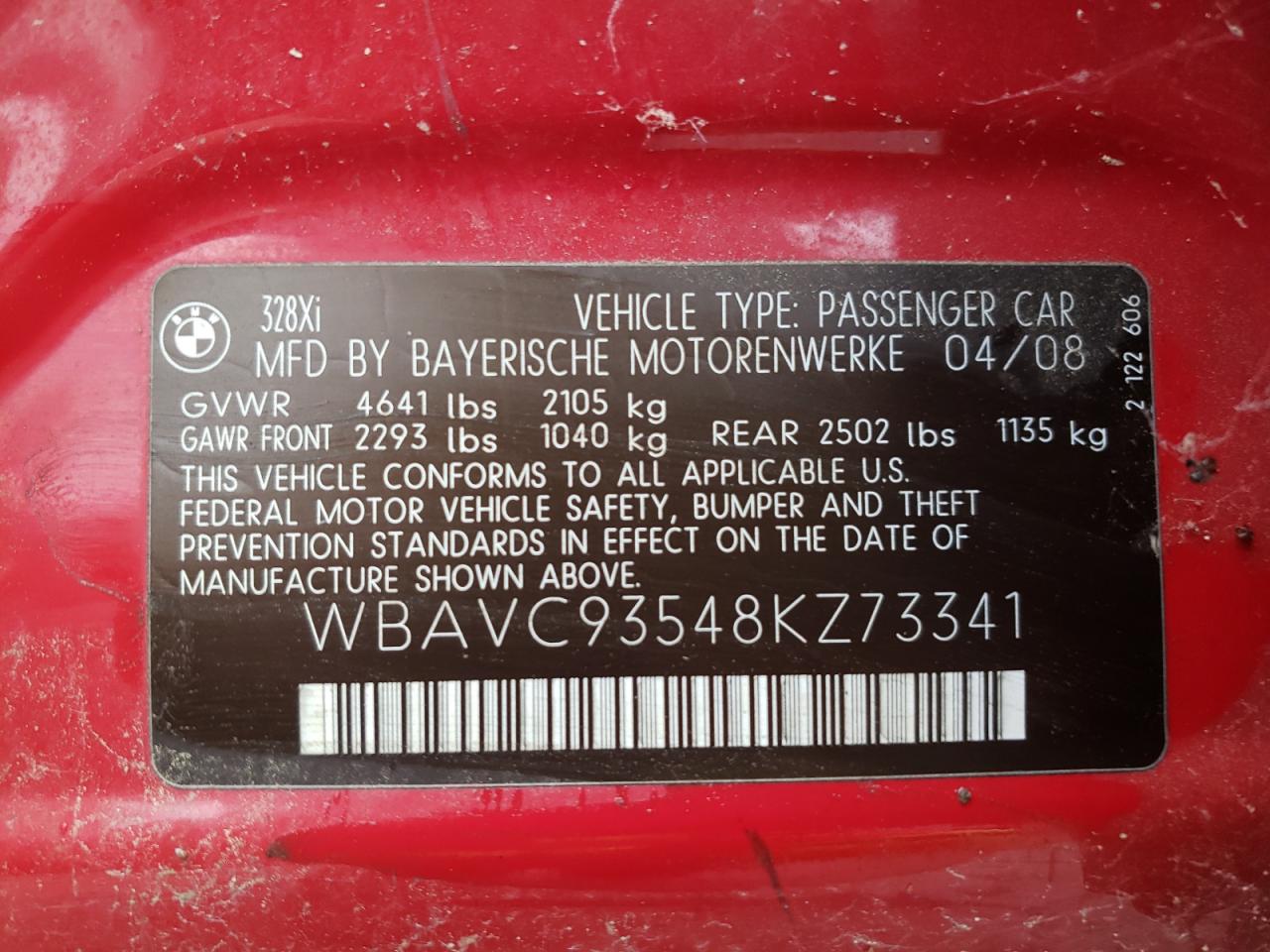 2008 BMW 328 Xi VIN: WBAVC93548KZ73341 Lot: 64456854