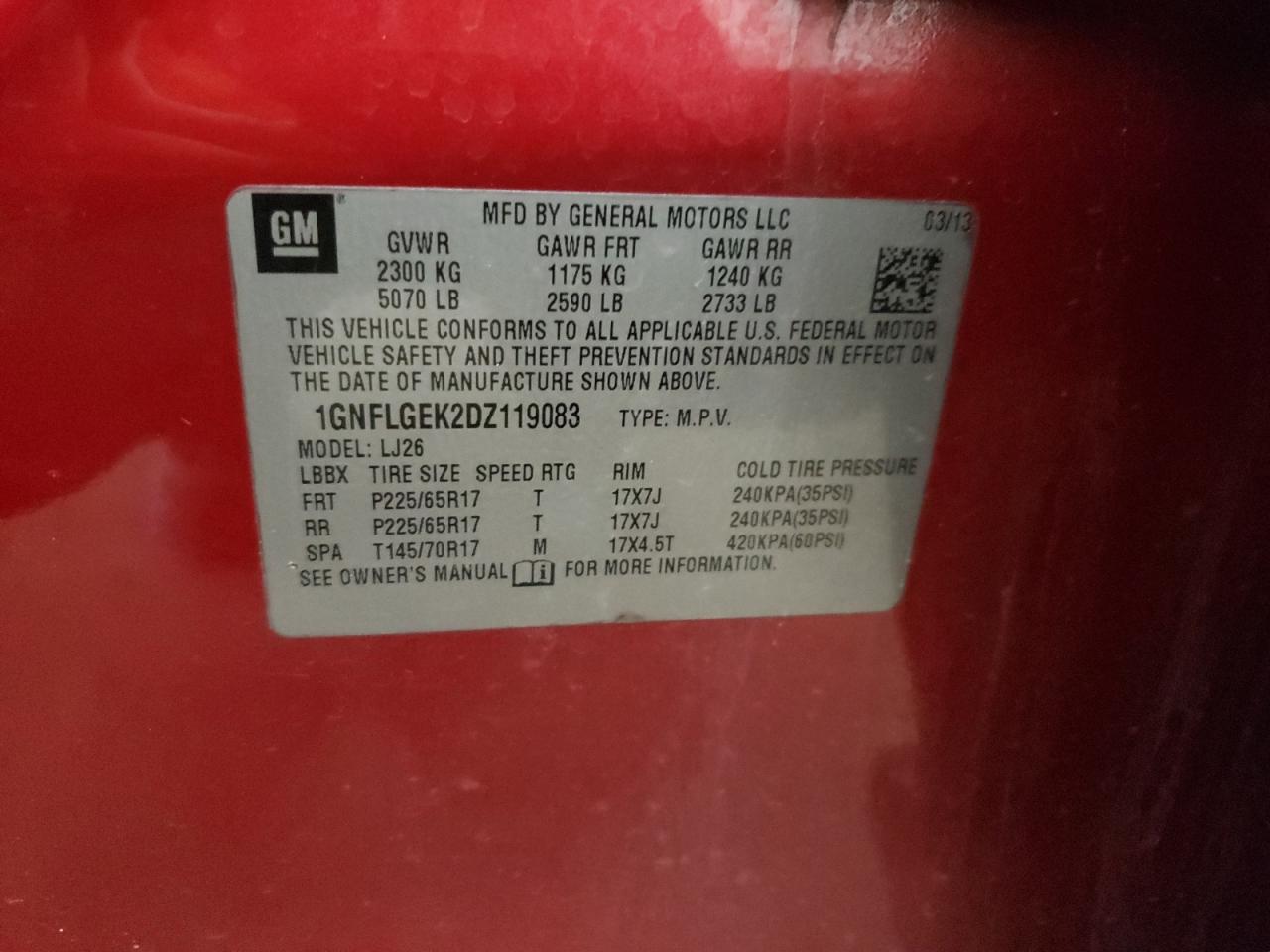 2013 Chevrolet Equinox Ltz VIN: 1GNFLGEK2DZ119083 Lot: 62104504