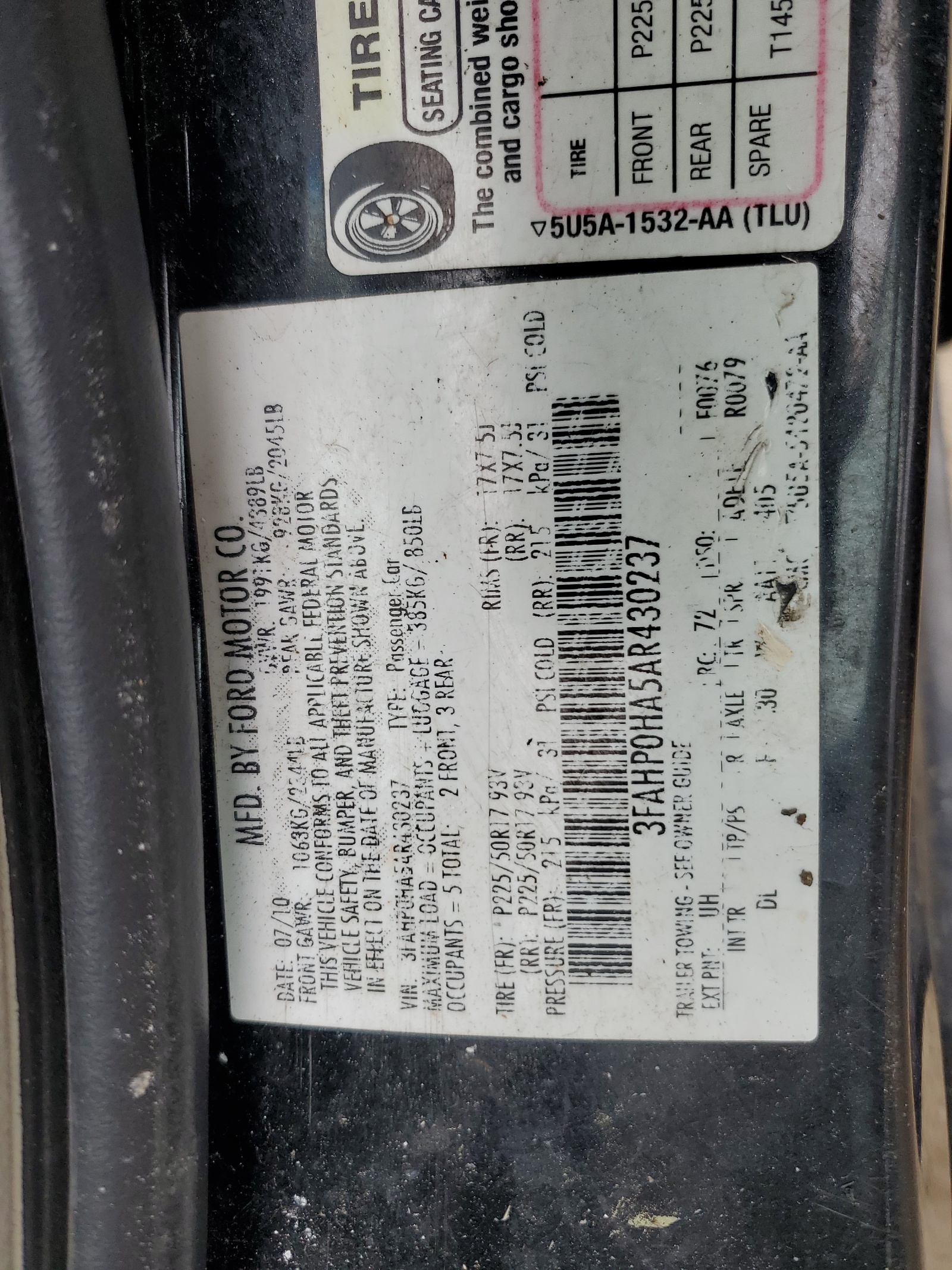 3FAHP0HA5AR430237 2010 Ford Fusion Se